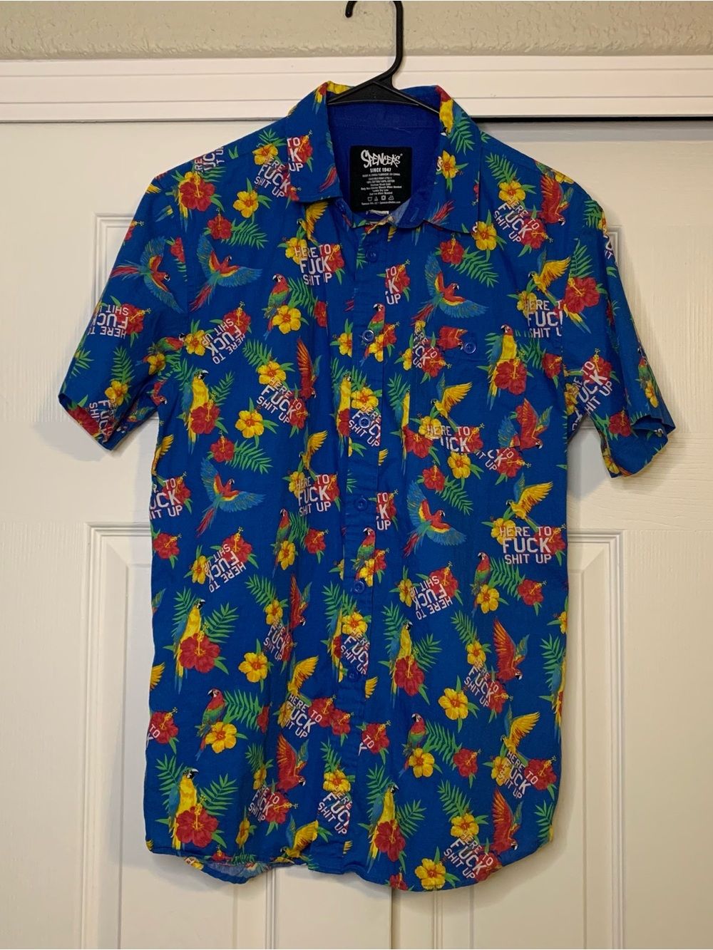 Spencer’s Novelty “Here To F*ck Sh*t Up” Tropical Button Up Shirt